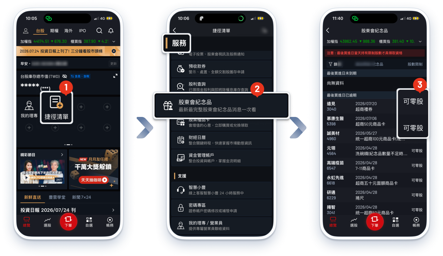 大戶投 APP 確認零股是否可領股東會紀念品操作畫面